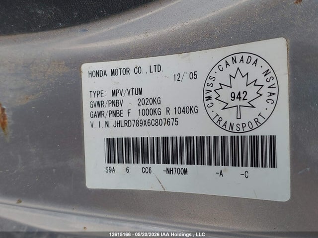 Aukcja sprzedaży 2006 Honda Cr-v, vin: JHLRD789X6C807675, numer aukcji: 12615166