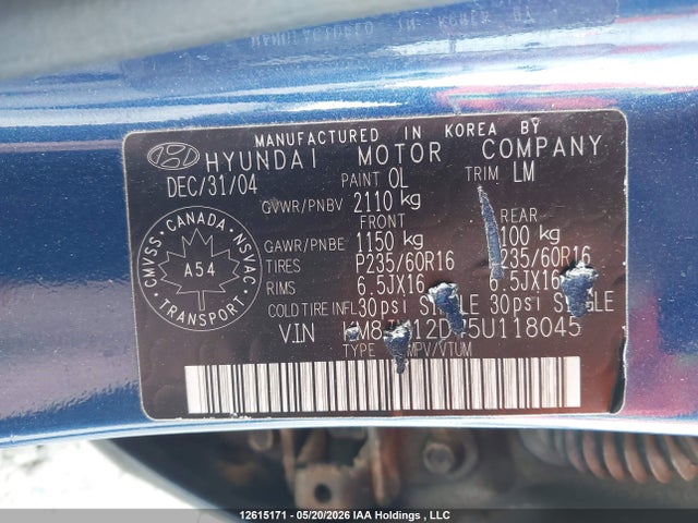 12615171 :رقم المزاد ، KM8JM12D45U118045 vin ، 2005 Hyundai Tucson Gl مزاد بيع
