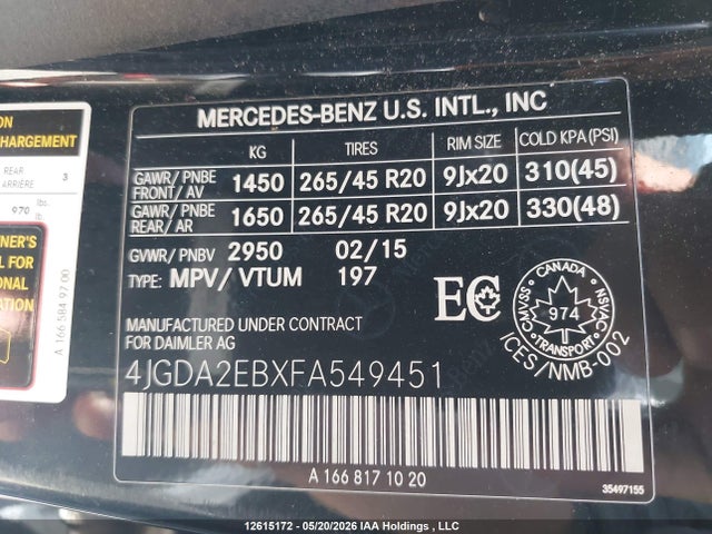 Aukcja sprzedaży 2015 Mercedes-benz Ml 350 Bluetec, vin: 4JGDA2EBXFA549451, numer aukcji: 12615172