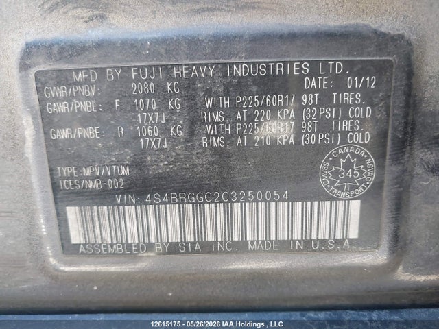 Продажа на аукционе авто 2012 Subaru Outback 2.5i Premium, vin: 4S4BRGGC2C3250054, номер лота: 12615175