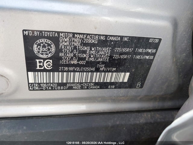 Aukcja sprzedaży 2020 Toyota Rav4 Le, vin: 2T3B1RFV2LC125046, numer aukcji: 12615185
