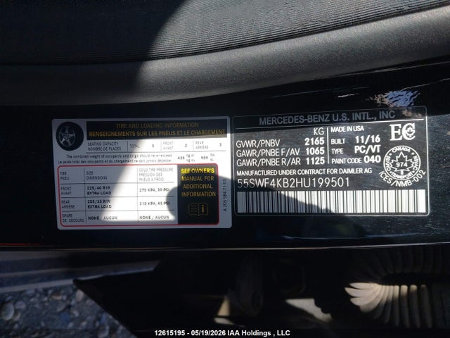 Aukcja sprzedaży 2017 Mercedes-benz C 300 4matic, vin: 55SWF4KB2HU199501, numer aukcji: 12615195