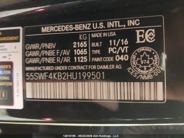 Aukcja sprzedaży 2017 Mercedes-benz C 300 4matic, vin: 55SWF4KB2HU199501, numer aukcji: 12615195