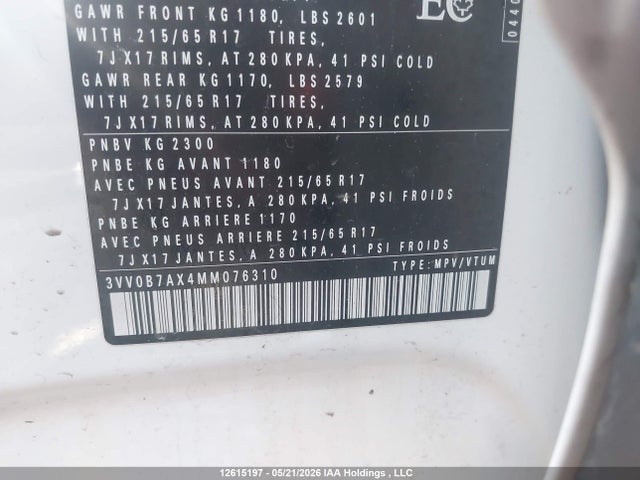 Продаж на аукціоні авто 2021 Volkswagen Tiguan, vin: 3VV0B7AX4MM076310, номер лоту: 12615197