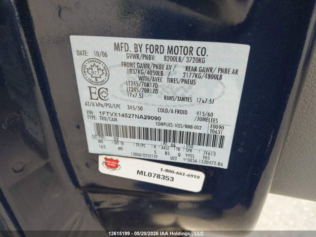 2007 Ford F150 მანქანა იყიდება აუქციონზე, vin: 1FTVX14527NA29090, აუქციონის ნომერი: 12615199