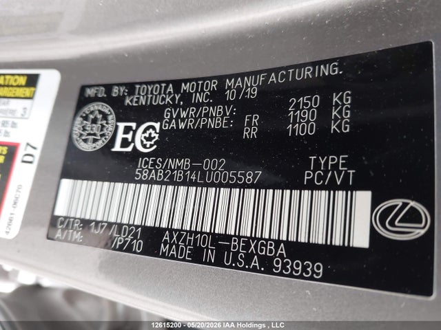 Продажа на аукционе авто 2020 Lexus Es 300h Signature, vin: 58AB21B14LU005587, номер лота: 12615200