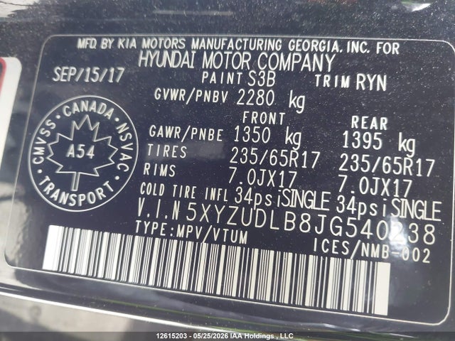 12615203 :رقم المزاد ، 5XYZUDLB8JG540238 vin ، 2018 Hyundai Santa Fe Sport مزاد بيع