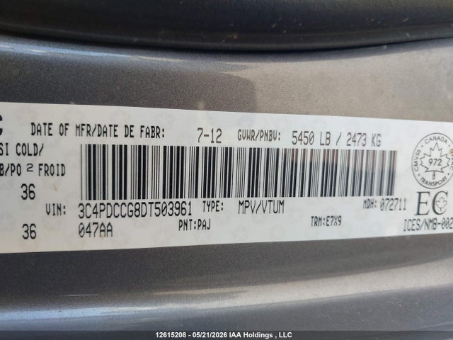 12615208 :رقم المزاد ، 3C4PDCCG8DT503961 vin ، 2013 Dodge Journey Sxt مزاد بيع