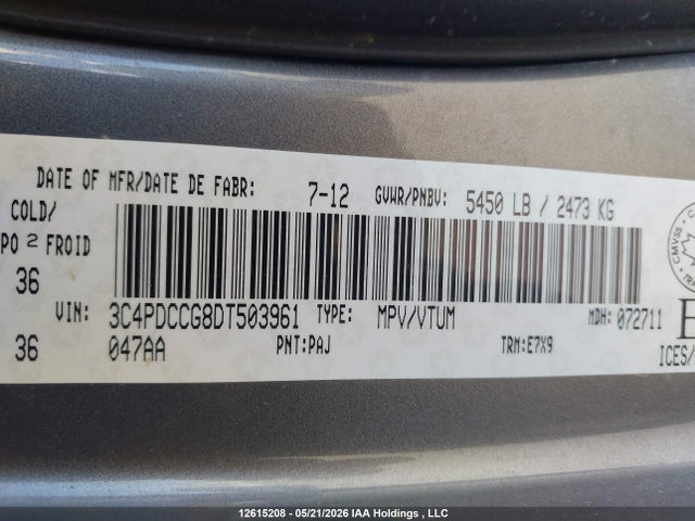 12615208 :رقم المزاد ، 3C4PDCCG8DT503961 vin ، 2013 Dodge Journey Sxt مزاد بيع