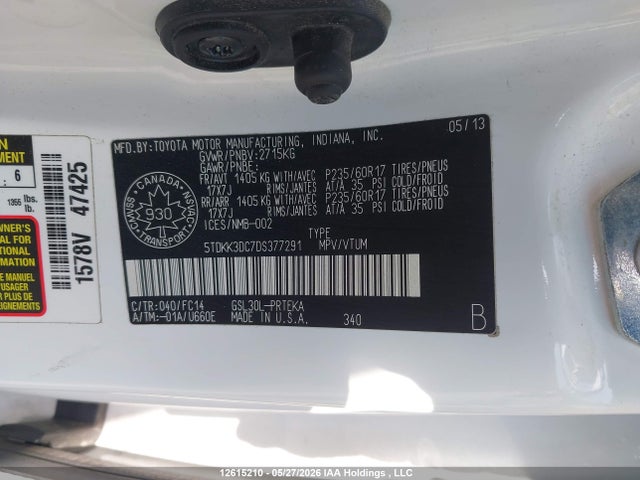 2013 Toyota Sienna Le V6 მანქანა იყიდება აუქციონზე, vin: 5TDKK3DC7DS377291, აუქციონის ნომერი: 12615210