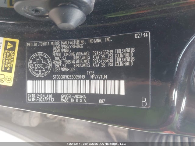 2014 Toyota Highlander Hybrid Limited მანქანა იყიდება აუქციონზე, vin: 5TDDCRFH2ES005019, აუქციონის ნომერი: 12615217