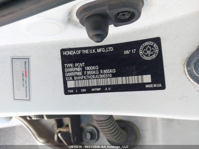 SHHFK7H26JU300310 Honda Civic Lx