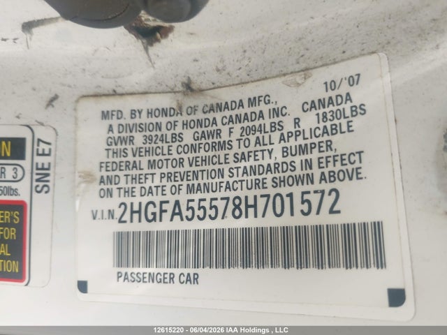12615220 :رقم المزاد ، 2HGFA55578H701572 vin ، 2008 Honda Civic مزاد بيع