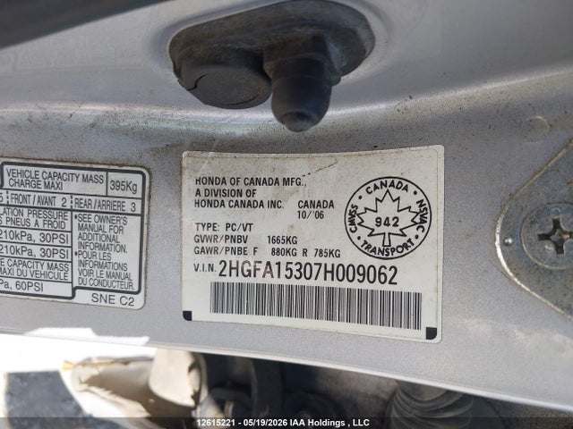 Aukcja sprzedaży 2007 Honda Civic Dx, vin: 2HGFA15307H009062, numer aukcji: 12615221