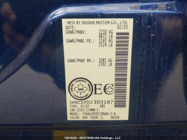 2020 Nissan Leaf Sv Plus მანქანა იყიდება აუქციონზე, vin: 1N4BZ1CP2LC303187, აუქციონის ნომერი: 12615228