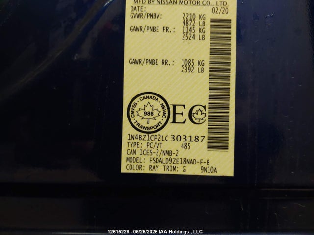 2020 Nissan Leaf Sv Plus მანქანა იყიდება აუქციონზე, vin: 1N4BZ1CP2LC303187, აუქციონის ნომერი: 12615228