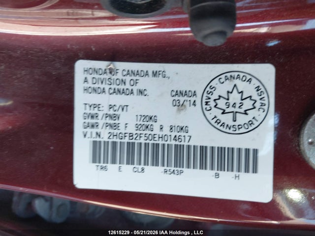 Aukcja sprzedaży 2014 Honda Civic Lx, vin: 2HGFB2F50EH014617, numer aukcji: 12615229