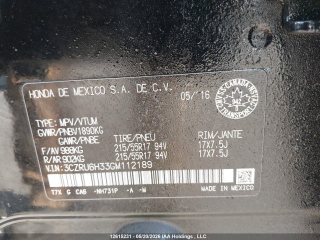 Продажа на аукционе авто 2016 Honda Hr-v Lx, vin: 3CZRU6H33GM112189, номер лота: 12615231