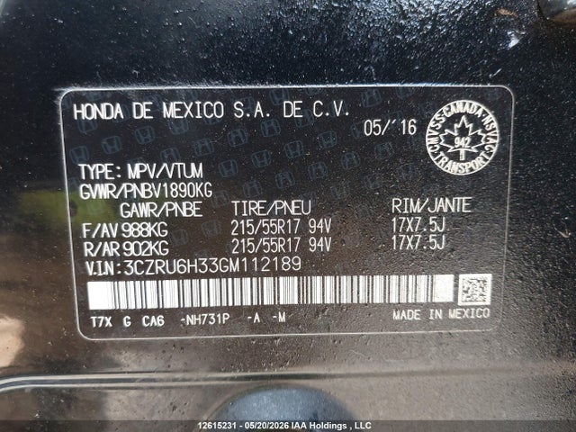 Продажа на аукционе авто 2016 Honda Hr-v Lx, vin: 3CZRU6H33GM112189, номер лота: 12615231
