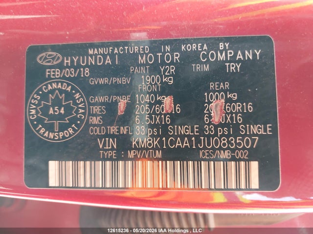 12615236 :رقم المزاد ، KM8K1CAA1JU083507 vin ، 2018 Hyundai Kona Se مزاد بيع