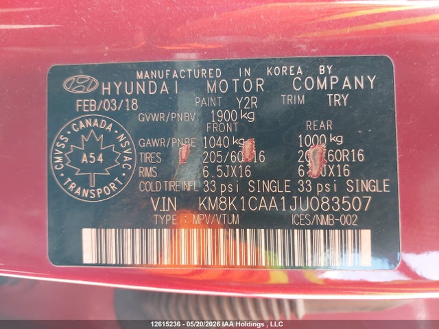 12615236 :رقم المزاد ، KM8K1CAA1JU083507 vin ، 2018 Hyundai Kona Se مزاد بيع