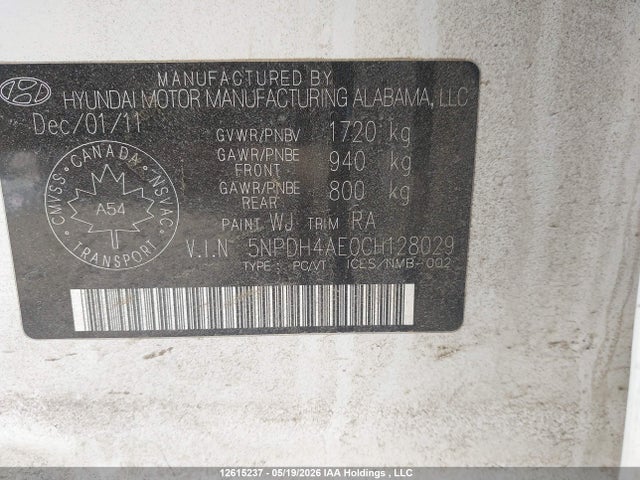 12615237 :رقم المزاد ، 5NPDH4AE0CH128029 vin ، 2012 Hyundai Elantra Gl مزاد بيع