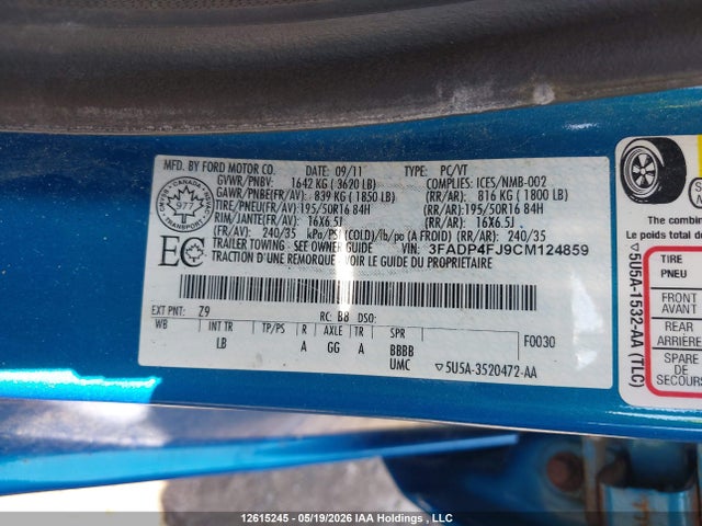 12615245 :رقم المزاد ، 3FADP4FJ9CM124859 vin ، 2012 Ford Fiesta Ses مزاد بيع