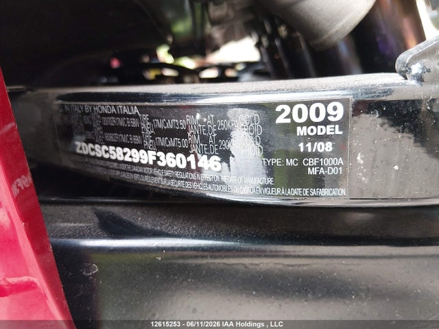 2009 Honda Cbf 1000 მანქანა იყიდება აუქციონზე, vin: ZDCSC58299F360146, აუქციონის ნომერი: 12615253
