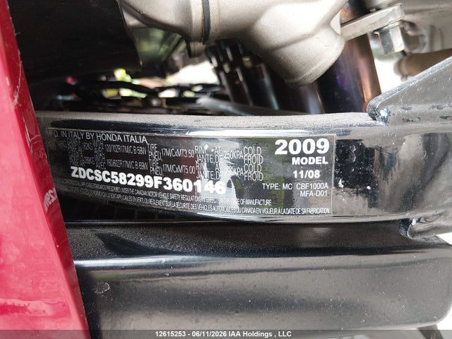 2009 Honda Cbf 1000 მანქანა იყიდება აუქციონზე, vin: ZDCSC58299F360146, აუქციონის ნომერი: 12615253