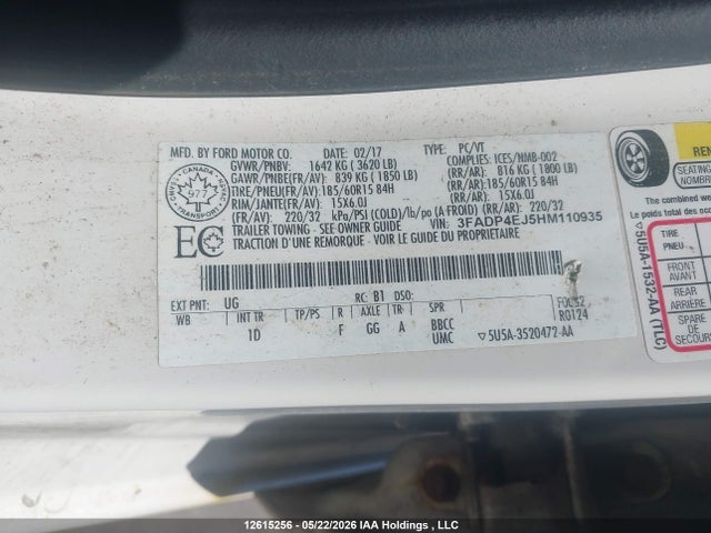 2017 Ford Fiesta Se მანქანა იყიდება აუქციონზე, vin: 3FADP4EJ5HM110935, აუქციონის ნომერი: 12615256