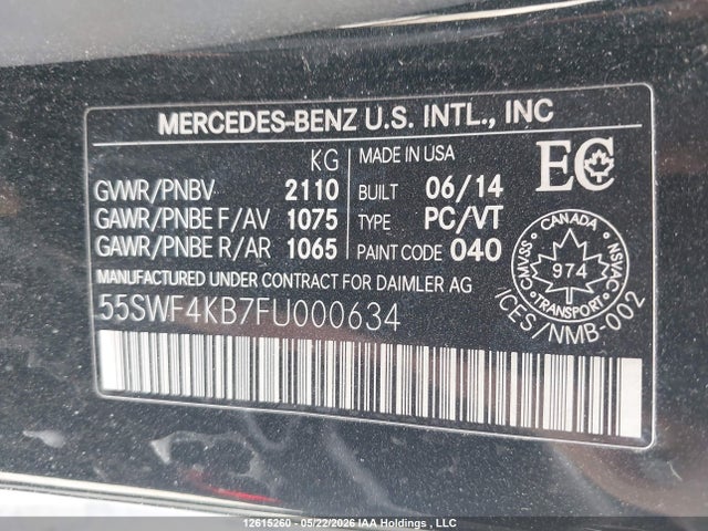 Auction sale of the 2015 Mercedes-benz C 300 4matic, vin: 55SWF4KB7FU000634, lot number: 12615260