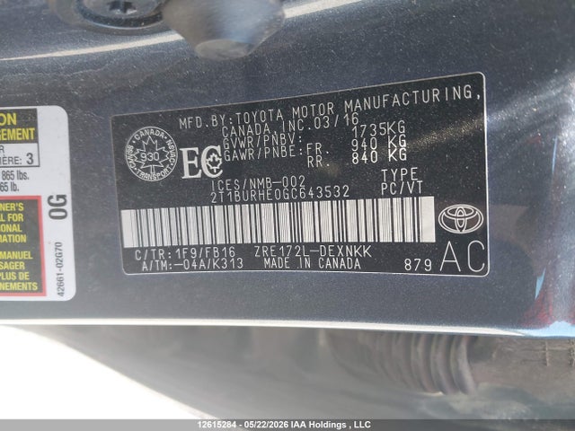 2016 Toyota Corolla Le მანქანა იყიდება აუქციონზე, vin: 2T1BURHE0GC643532, აუქციონის ნომერი: 12615284