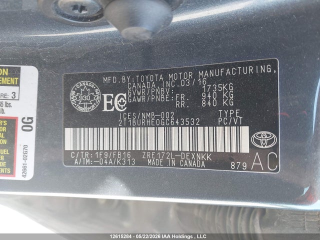 2016 Toyota Corolla Le მანქანა იყიდება აუქციონზე, vin: 2T1BURHE0GC643532, აუქციონის ნომერი: 12615284