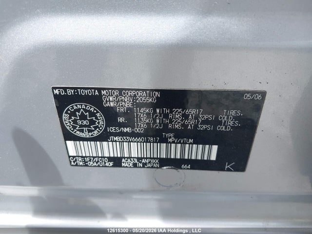 Продажа на аукционе авто 2006 Toyota Rav4, vin: JTMBD33V666017817, номер лота: 12615300
