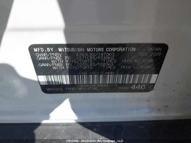 12615308 :رقم المزاد ، JA4AJUAU1MU601775 vin ، 2021 Mitsubishi Rvr مزاد بيع