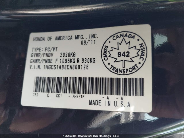 2012 Honda Accord Exl მანქანა იყიდება აუქციონზე, vin: 1HGCS1A88CA800126, აუქციონის ნომერი: 12615310