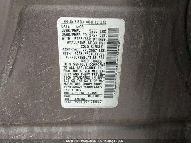 Aukcja sprzedaży 2009 Nissan Murano S/sl/le, vin: JN8AZ18W39W114372, numer aukcji: 12615319