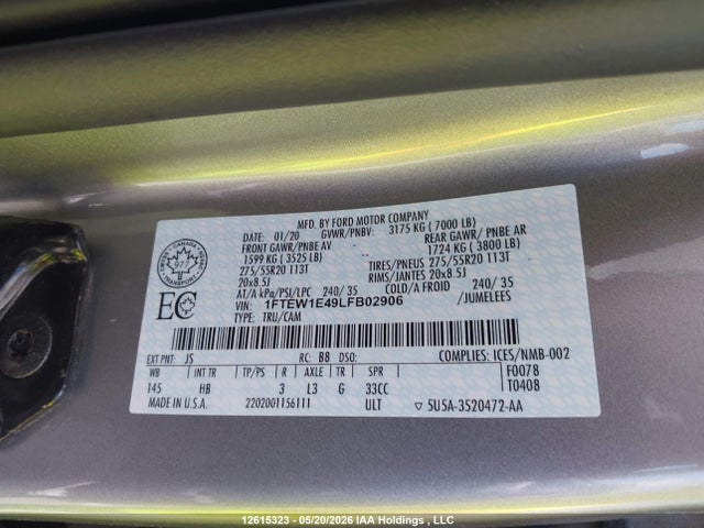 12615323 :رقم المزاد ، 1FTEW1E49LFB02906 vin ، 2020 Ford F-150 مزاد بيع