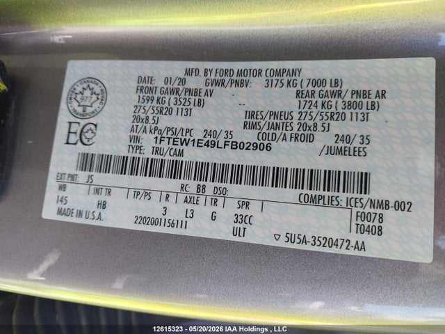 12615323 :رقم المزاد ، 1FTEW1E49LFB02906 vin ، 2020 Ford F-150 مزاد بيع