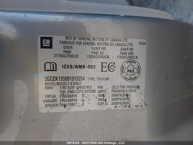 12615324 :رقم المزاد ، 2GCEK133081313254 vin ، 2008 Chevrolet Silverado 1500 مزاد بيع