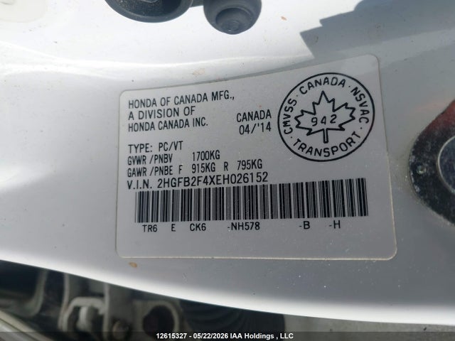 Aukcja sprzedaży 2014 Honda Civic Lx, vin: 2HGFB2F4XEH026152, numer aukcji: 12615327