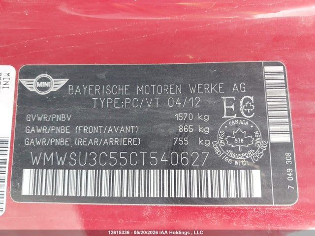 Aukcja sprzedaży 2012 Mini Cooper Classic, vin: WMWSU3C55CT540627, numer aukcji: 12615336