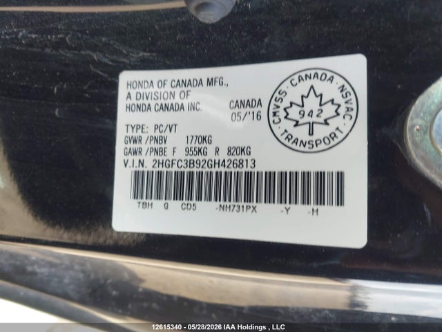 Aukcja sprzedaży 2016 Honda Civic Touring, vin: 2HGFC3B92GH426813, numer aukcji: 12615340