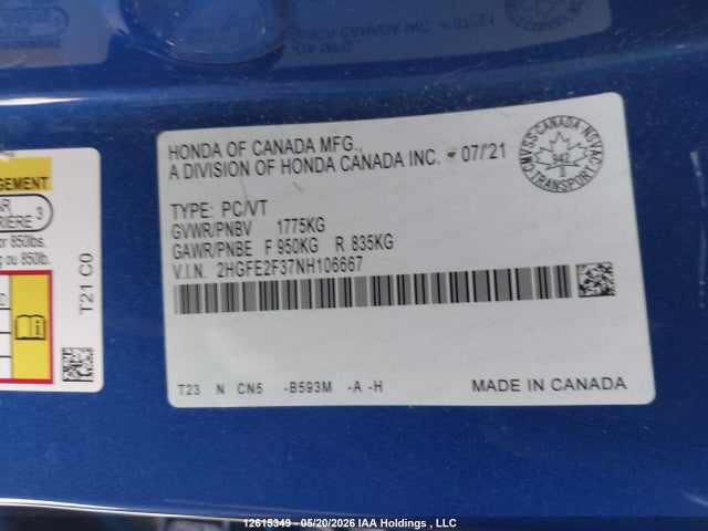 Aukcja sprzedaży 2022 Honda Civic, vin: 2HGFE2F37NH106667, numer aukcji: 12615349