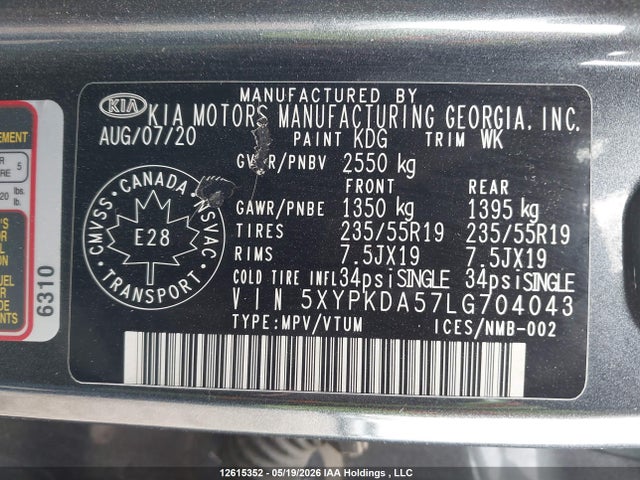 Aukcja sprzedaży 2020 Kia Sorento Sx, vin: 5XYPKDA57LG704043, numer aukcji: 12615352