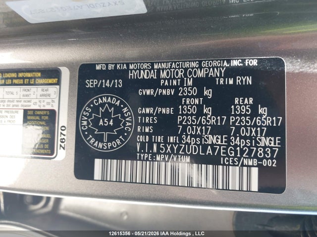 12615356 :رقم المزاد ، 5XYZUDLA7EG127837 vin ، 2014 Hyundai Santa Fe Sport مزاد بيع