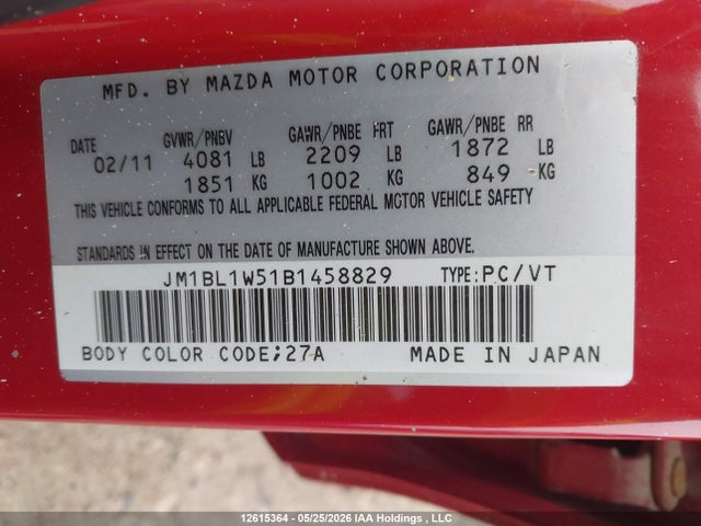 Aukcja sprzedaży 2011 Mazda Mazda3, vin: JM1BL1W51B1458829, numer aukcji: 12615364