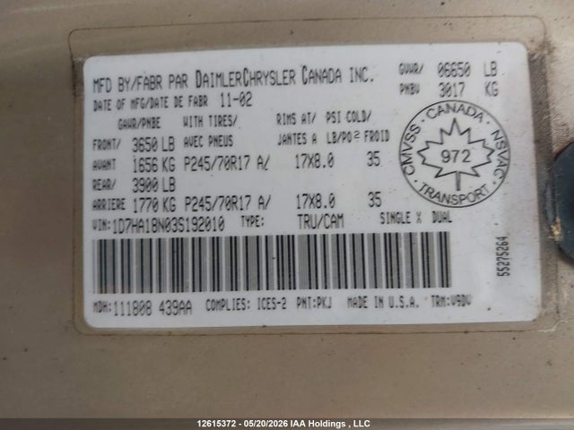 Aukcja sprzedaży 2003 Dodge Ram 1500 St/slt, vin: 1D7HA18N03S192010, numer aukcji: 12615372