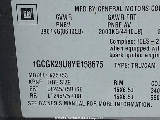 Aukcja sprzedaży 2000 Chevrolet Silverado K2500, vin: 1GCGK29U8YE158675, numer aukcji: 12615375