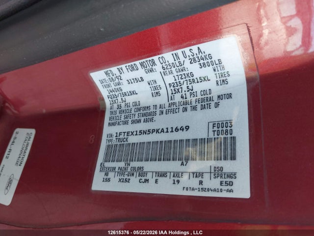 12615376 :رقم المزاد ، 1FTEX15N5PKA11649 vin ، 1993 Ford F150 مزاد بيع